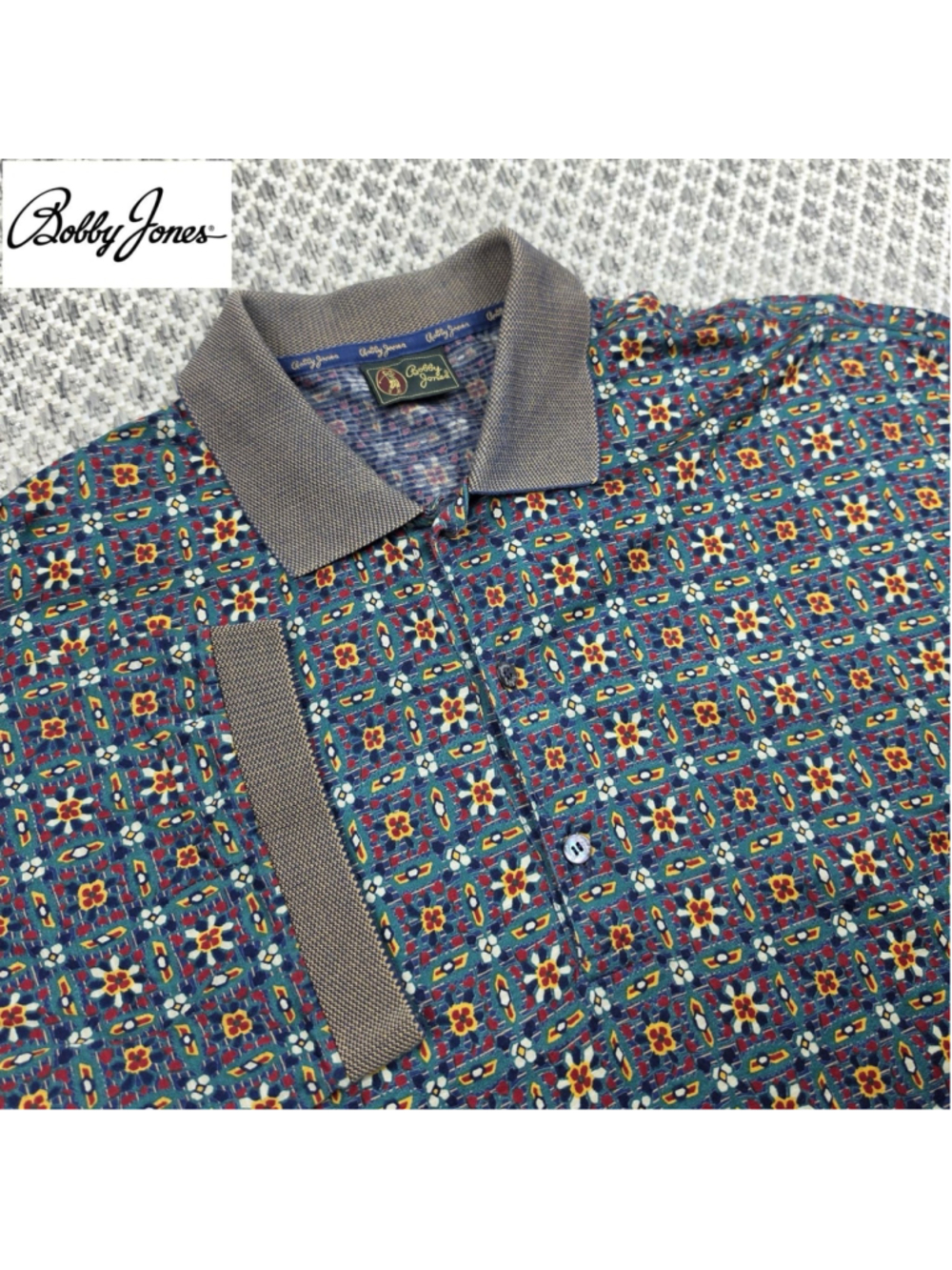 Bobby Jones Polo Shirt Mens XL Blue Geometric Floral Pattern Made In Italy